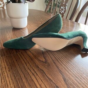 Dark green suede shoes. 3” high kitten heels not worn